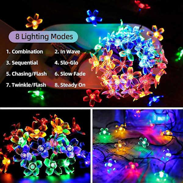 7M 50 LED Sakura Solar Cell Light String Garden Fairy Light 8 Flash Modes 12M
