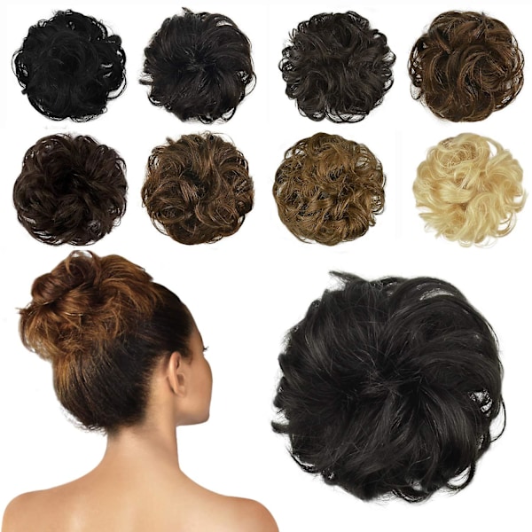 100% äkta människohår bulleförlängning, rörigt bulle hårbit lockigt hår scrunchies chignon hästsvansförlängningar kompatibla med kvinnor flickor uppsättning munkhårbit Black Brown