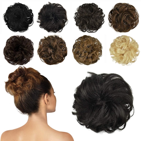 100% ekte menneskehår bolleforlengelse, rotete bolle hårstykke krøllete hår scrunchies chignon hestehale forlengelser kompatibel med kvinner jenter oppdo donut hårstykke Black Brown