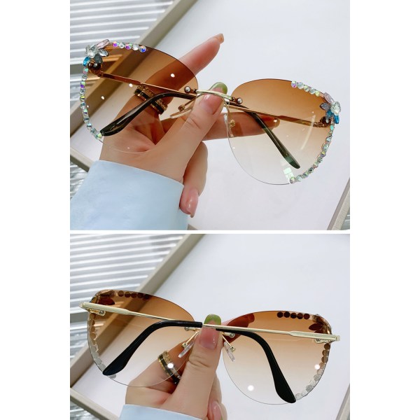 Nya mode för kvinnor båglösa solglasögon med UV-skydd med diamanter båglösa solglasögon för kvinnor brown