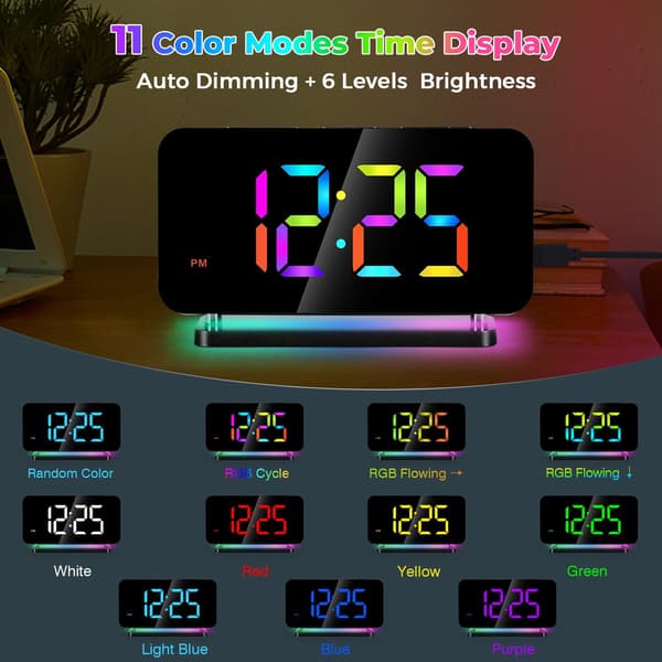 Vækkeur 4 tommer Digitalt Stort Display med RGB Natlys Sort