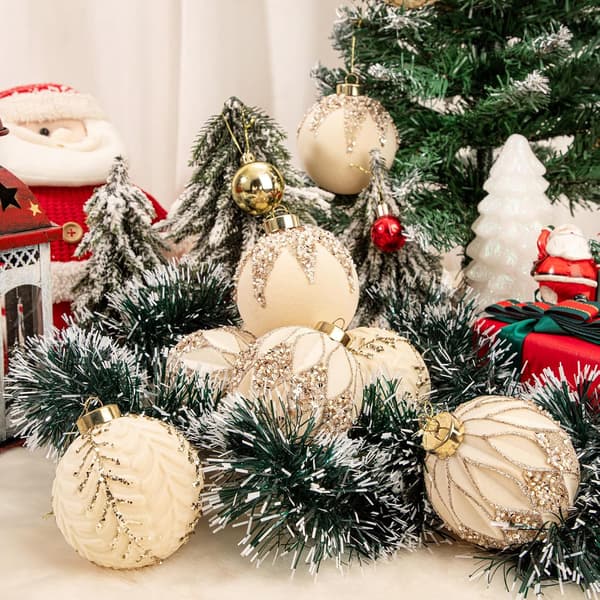 Flocked Julekule 8cm, juletrepynt (Beige-12stk)