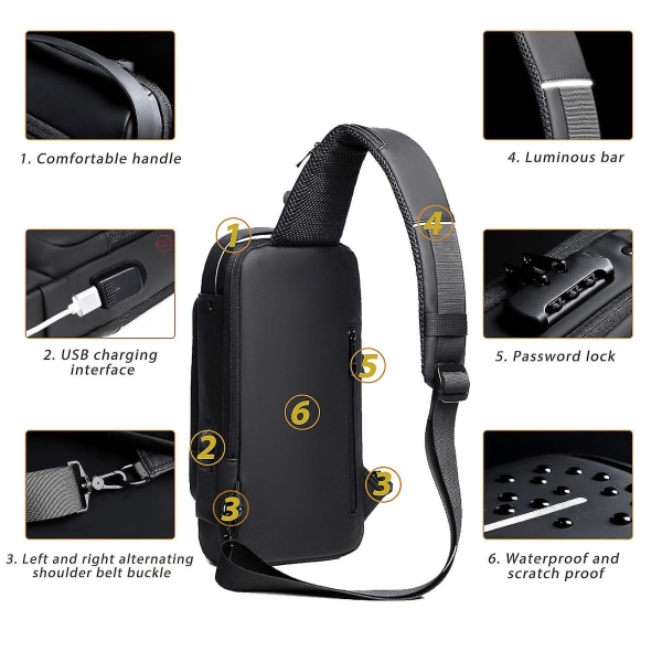 USB lataus Sport Sling Bag Miesten varkaudenesto rintalaukku salasanalla Black