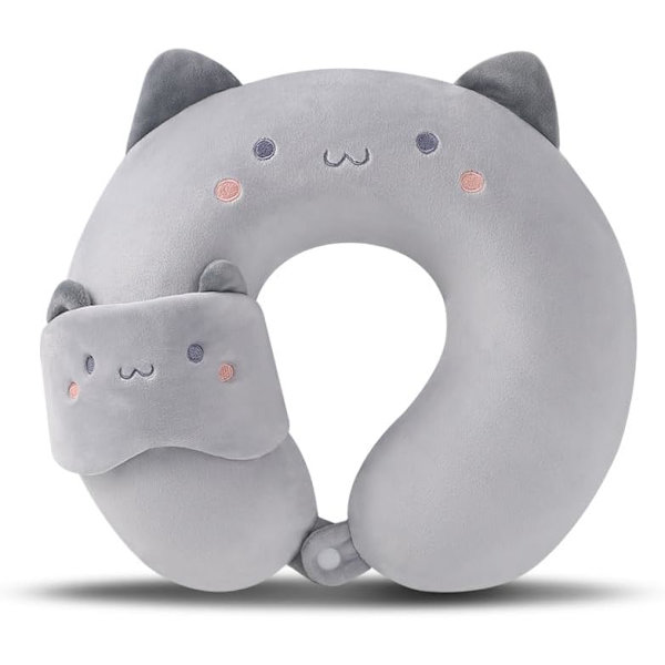 Resekudde i memory foam för barn med sovmask (Katt)