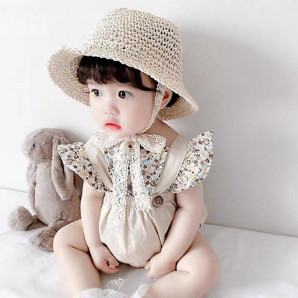 Casual söpö Kids Bucket Hat Straw Fisherman Lace Cap Auringonkestävä hattu Beige