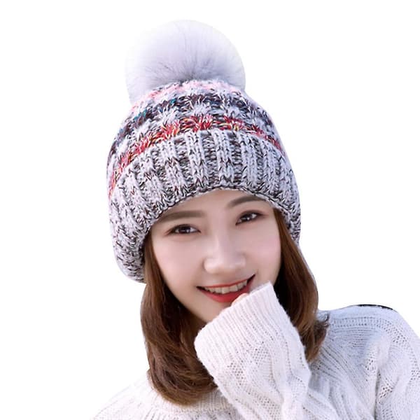 Dame Vinter Varm Strikket Lue Hette Skjerf Pom Pom Lue Hette Beige