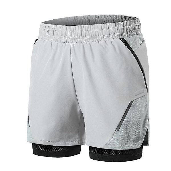 2-i-1 løpeshorts for menn med lommer med glidelås Hurtigtørrende treningsshorts for treningsstudio trening Light Grey XXL