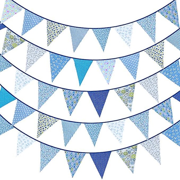 40 jalkaa kangassirkkubanneri Sininen kukkainen vintage silkkuliput Uudelleenkäytettävät puuvillainen kolmiolipun seppele, jossa 42 kpl viiriä puutarhahäälle baby shower