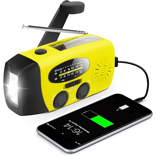 Nödradio med handvev och LED-ficklampa 2000mAh, portabel AM/FM/NOAA solcellsradio/gul