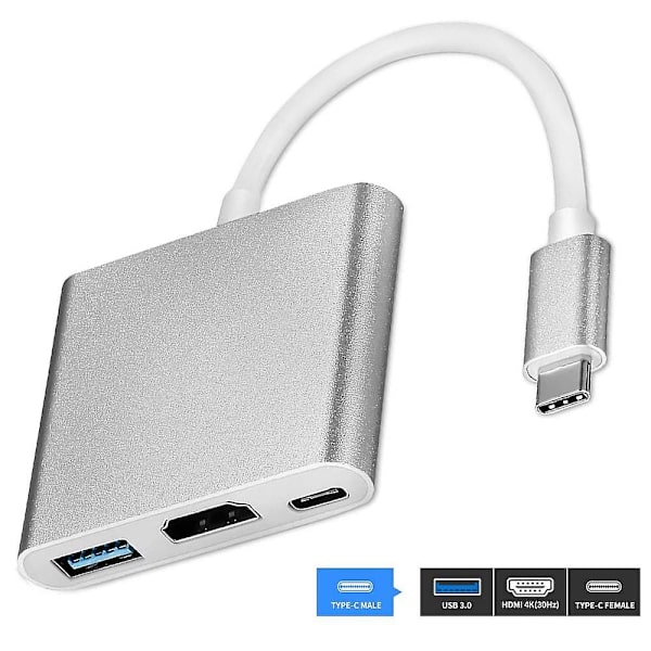 Typ C Adapter, USB 3.1 Hub (usb-c Thunderbolt 3 Port-kompatibel) Till USB 3.0 HDMI Typ C hona Laddare Adapter Converter kompatibel med Macboo Silver gray