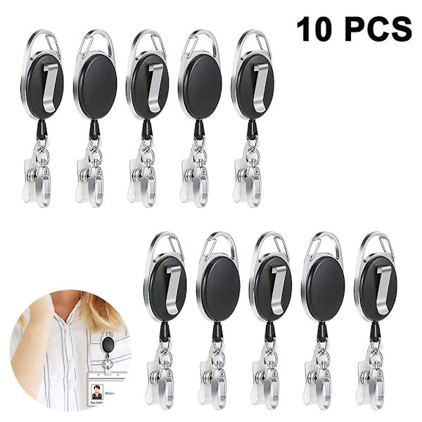 Musta Heavy Duty sisäänvedettävä rintamerkkipidikkeen kela vyöklipsillä avainrenkaalla 10pcs