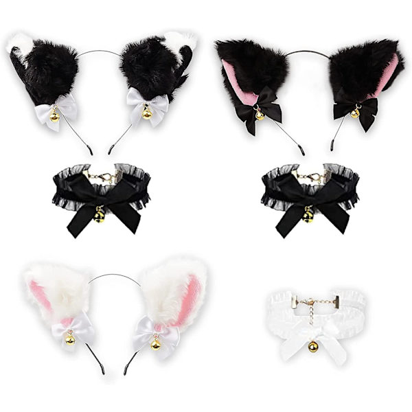 3st Cosplay Cat Ears Pannband Med Bells Band och Choker Halsband