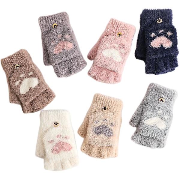 Kvinners vintervarme berøringsskjermhansker Cute Cat Claw Sensory Finger Less Mitten Gray