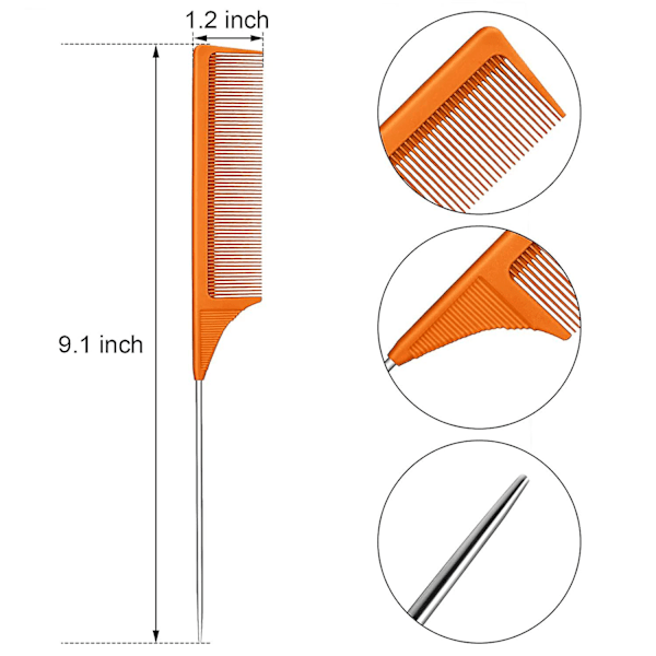 3-pack kam med råttsvans i stål, kam med råttsvans i kolfiber, värmebeständig kam med rostfria nålar Orange