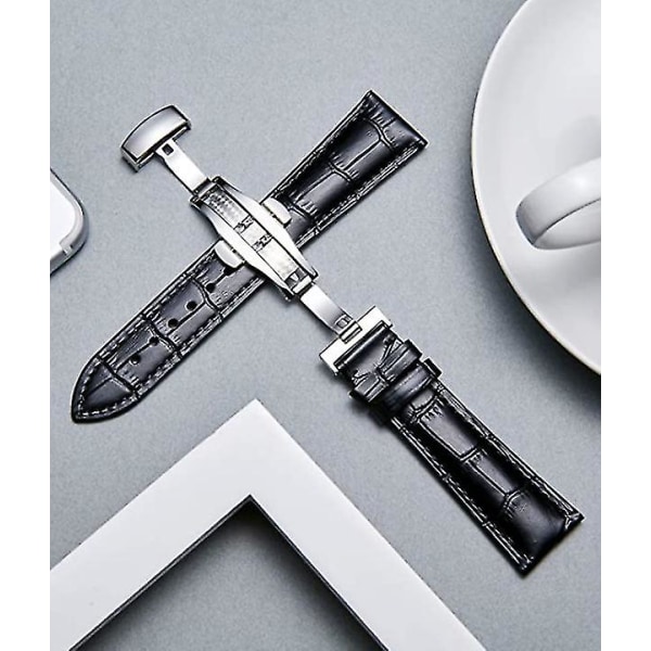 Nahkaiset watch , alligaattorin vaihtohihna miehille, naisille hopeisella perhossolkilla Black 22mm