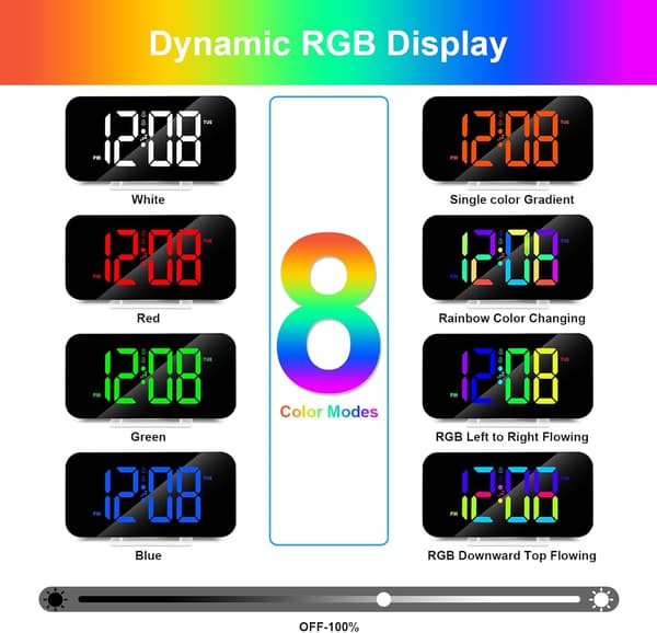 Vækkeur med dynamisk RGB-display, natlys, dobbelt vækkeur hvid