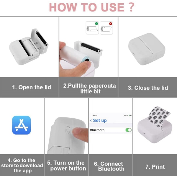 Mini Bluetooth-skriver for notater, påminnelser, bilder, leveres med 3 ruller fargepapir og 5 fargepenner Rosa