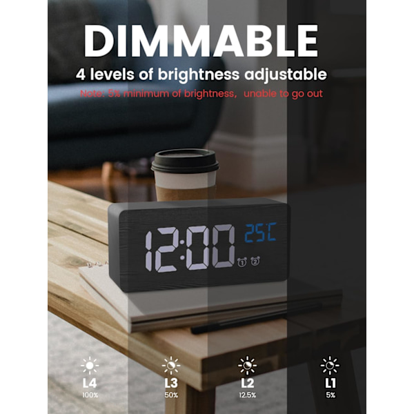 Väckarklocka för Sovrum, Digital Träklocka med Stora Siffror, Dubbla Alarm, Justerbar Hög Volym för Tunga Sovare, Snooze, 500% Dimmer 2#