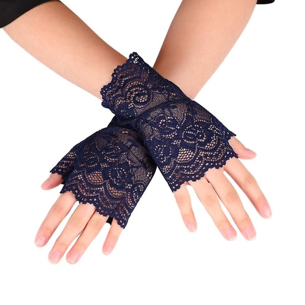 Kvinnor ihåliga handskar Bröllopsfest Brudvantar Sheer Mesh fingerlösa handskar Deep Blue