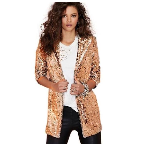 Kvinnors paljettjacka Öppen front blazer Casual långärmad kofta gold L