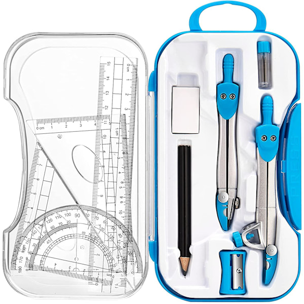 10 delar geometri matte tillbehör kit inklusive passare, gradskiva, linjal, suddgummi, penna, blyertsrefill, pennvässare, förvaringslåda för ritning och mätning