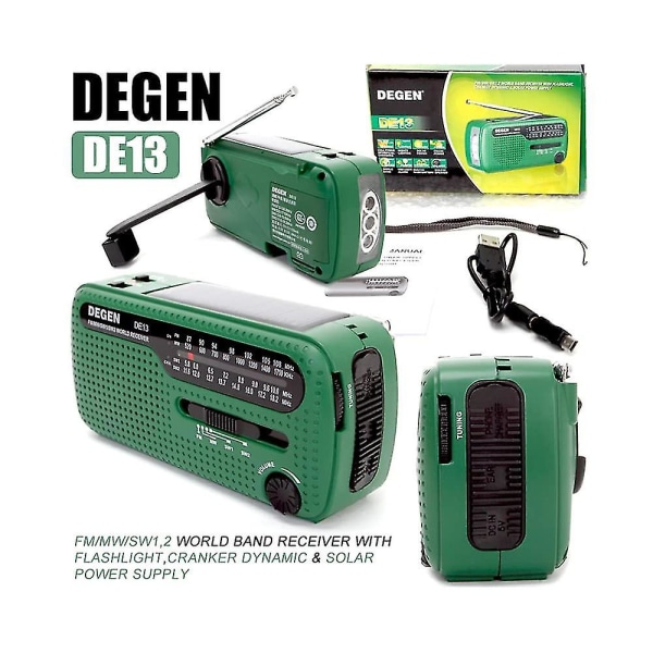 De13 Crank Radio Bærbar Solar Radio Fm Am Sw Innebygd oppladbart batteri Led Dynamo