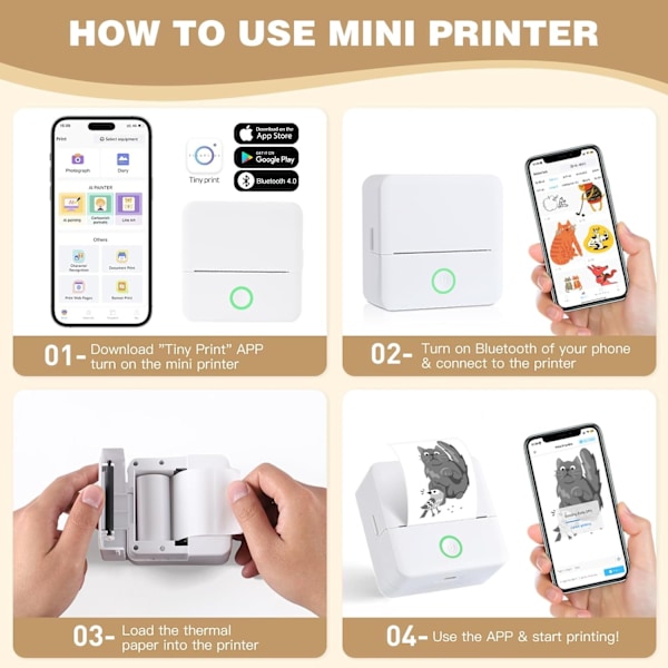 Mini Termisk Printer, Trådløs Etiketprinter med Bånd, Kompatibel med iOS og Android Hvid