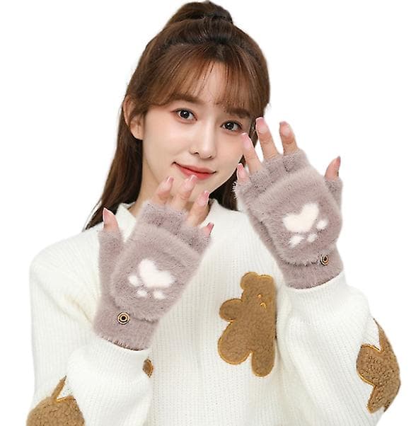 Kvinders vintervarme berøringsskærmshandsker Cute Cat Claw Sensory Finger Less Mitten White