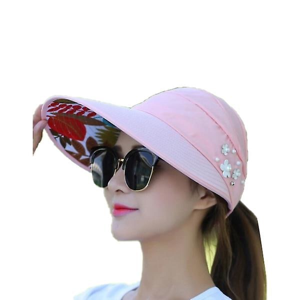 Sommer Solhatt Med Perle Justerbar Store Hoder Bredbremmet Strandhatt UV-beskyttelse Pakkbar Solskjermhatt Pink