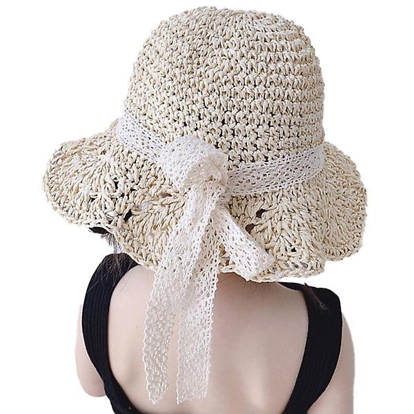 Børns stråhatte Baby piger åndbar blonder Cap bue Strand Solhat Bred skygge Børn Prinsesse rejse solskærm Hat Beige