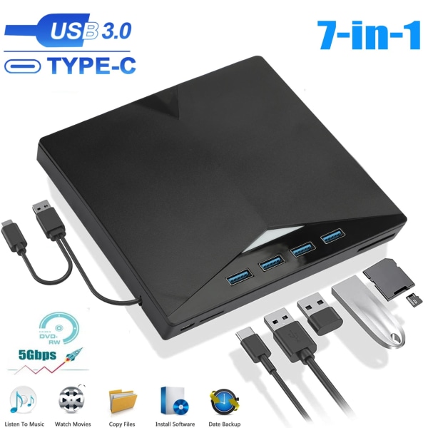 7-i-1 extern CD DVD-enhet för bärbar dator, USB 3.0 USB C Bärbar CD/DVD ROM +/-RW DVD-spelare med TF/SD-kortplatser