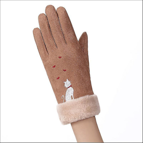 Kvinder Handsker Efterår Vinter Søde lodne Varme vanter Fuldfinger Vanter Kvinder Udendørs Sport Kvinde Handsker Skærm Khaki cat