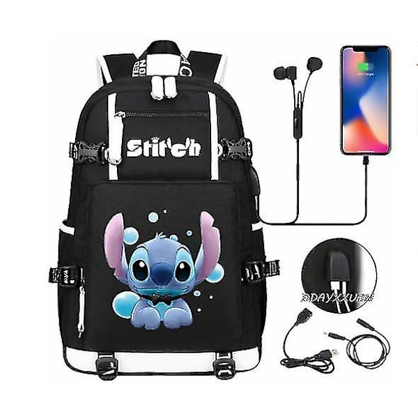 Lilo og Stitch Skolesekker Kapasitet Ryggsekker Gutter Jenter Usb Lading Reise Stor Bærbar PC Studenter Skolesekk Bagpack photo color