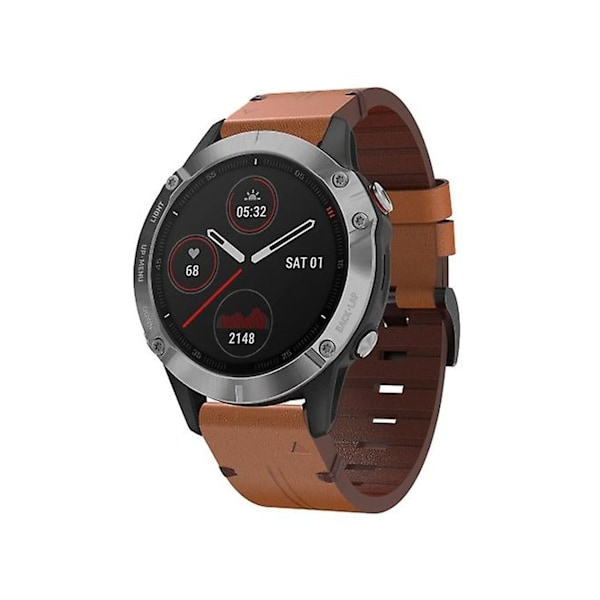 Rem til Garmin Fenix 6 Gps 22Mm Læder Stål Spænde Urrem Brun