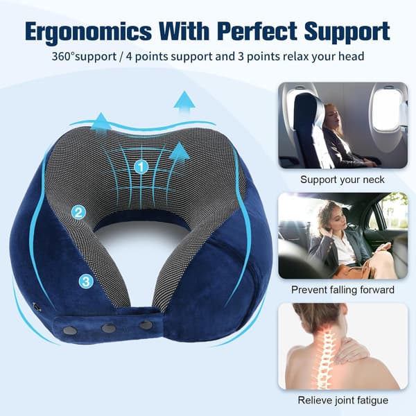 Memory Foam Resekudde Justerbar Nackkudde med Ögonmask, Öronproppar Mörkblå