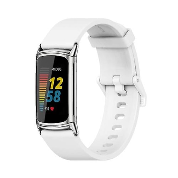Til Fitbit Charge 5 Mijobs Soft Silicone Watch Band White-Silver