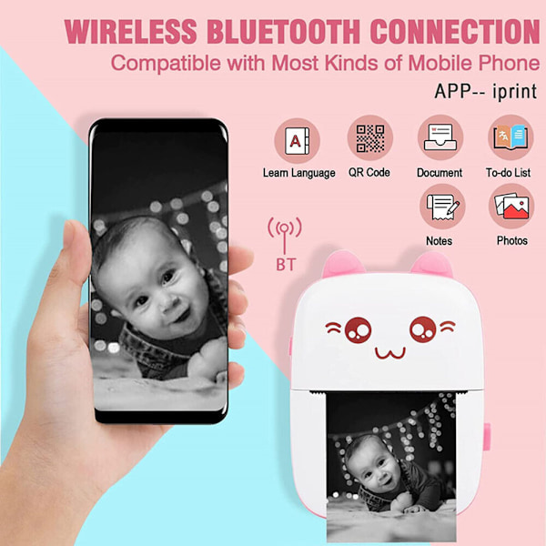 Mini Bärbar Skrivare, Trådlös Bluetooth Termisk Fickskrivare för iOS och Android Rosa
