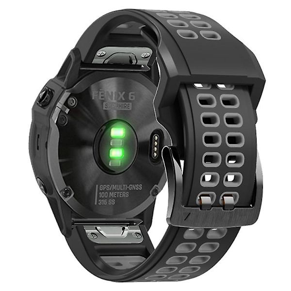 Til Garmin Fenix ​​6 Quick Release dobbeltrækket silikoneurrem Black Grey