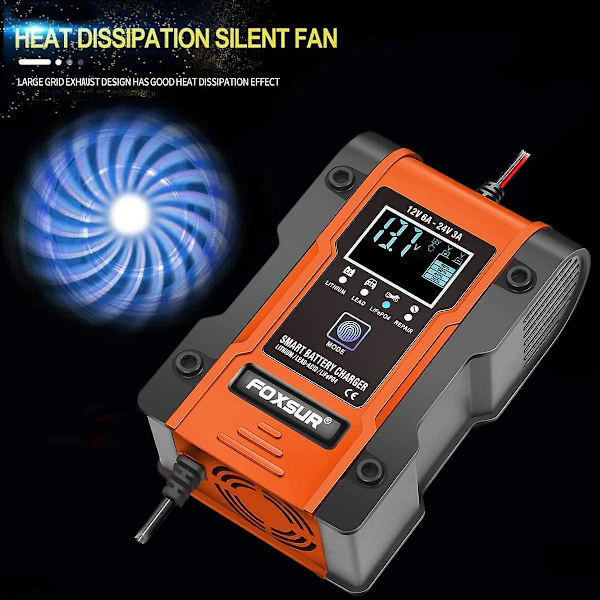 Litiumbatteriladdare, 12v/24v 6amp helautomatisk intelligent bilbatteriladdare (litiumbatterier, blybatterier, kalcium, etc)/underhållare Red