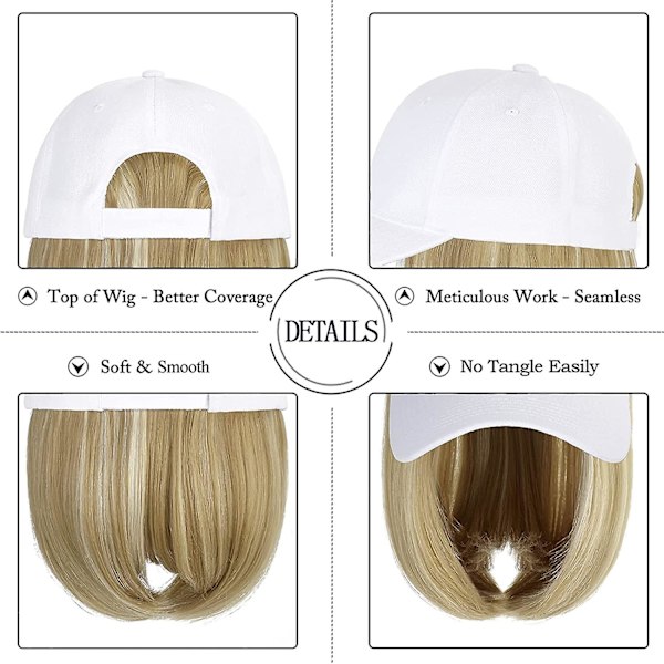 Baseballhatt med hår 14 tum Rak Kort Bob Frisyr Justerbar Peruk Cap Fäst Frisyr För Kvinna Flicka Ash Blond Mix Bleach Blond