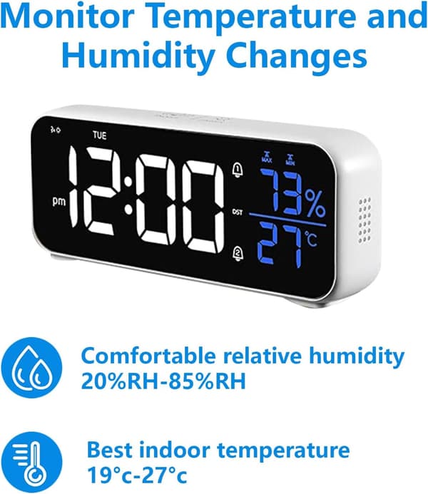 Vækkeur med LED-ur, digital visning af temperatur og luftfugtighed