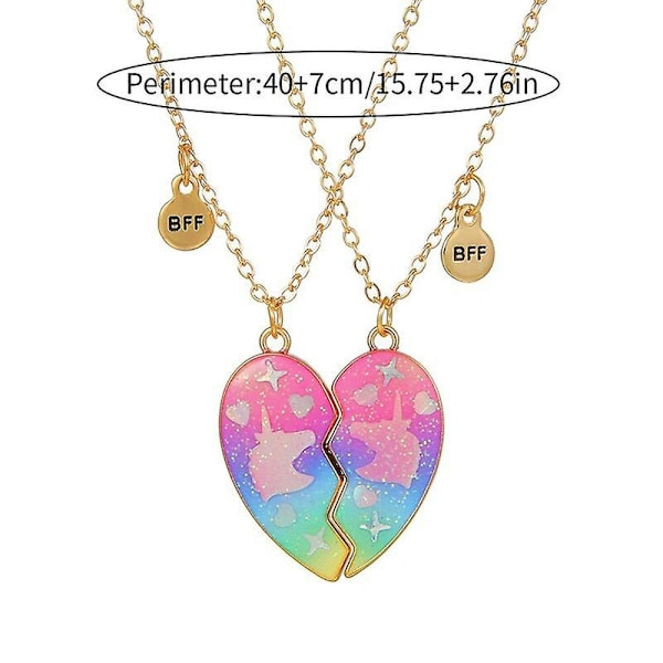 2 st/set Enhörning Mönster Glitter Hjärta Hänge Bästa Vänner Bff Vänskap Magnetisk Halsband För Flickor Smycken Present