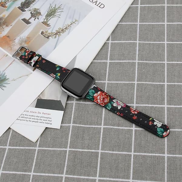 Til Fitbit Versa 2 / Fitbit Versa Lite læderurrem med rund halespænde Black Safflower