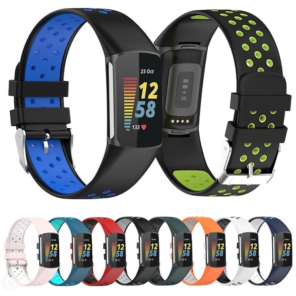 For Fitbit Charge 5 dobbel farge metallspennehull silikonklokkebånd Black Blue