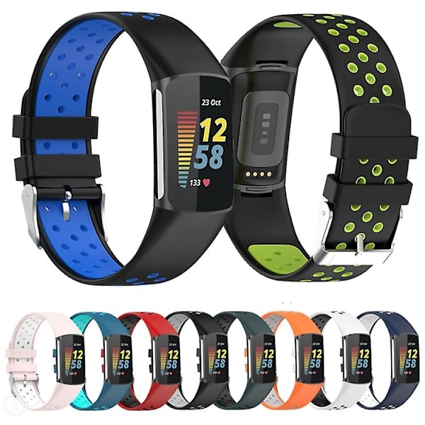 För Fitbit Charge 5 dubbelfärgad metall spänne hål silikon watch Pink White