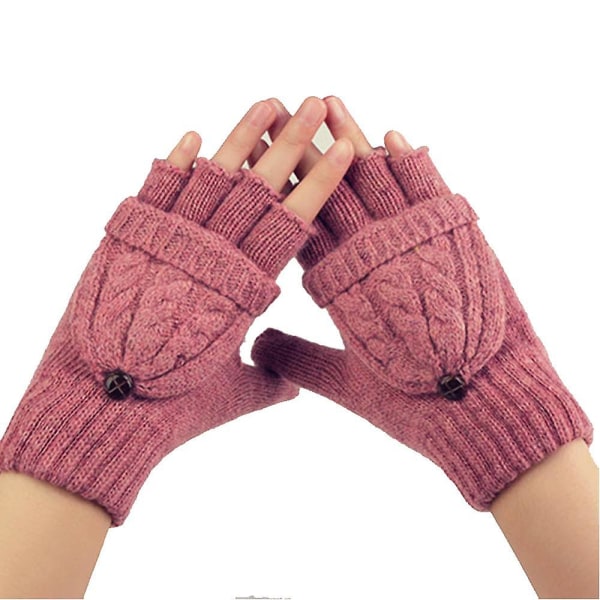 Kvinnor Varma Handskar Höst Vinter Stickning Hampa Flower Flip Fingerless Mitten Beige