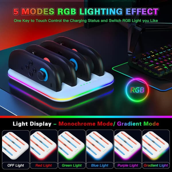 4-i-1-lader for Switch 2 Joy Con-ladestasjon med LED-indikator, hvit