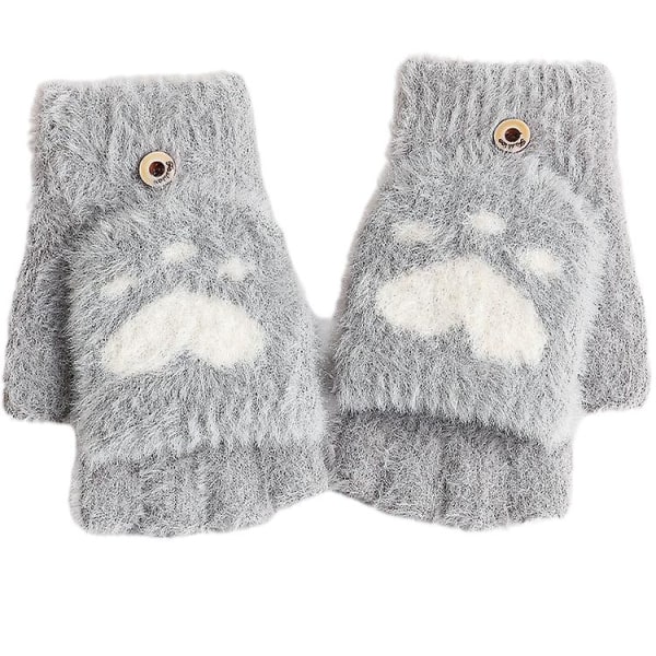 Kvinners vintervarme berøringsskjermhansker Cute Cat Claw Sensory Finger Less Mitten Gray