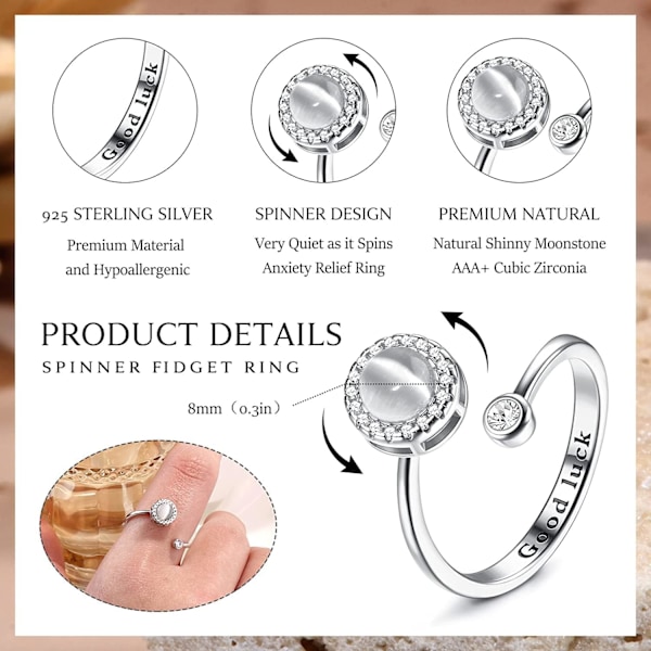 925 Sterling Silver Fidget Ångestring - Owlhole Sten Roterbar Spinner Ring
