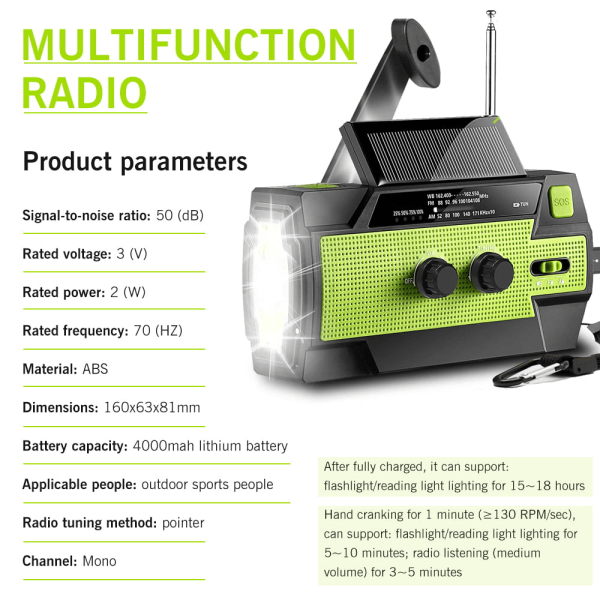 4000mah-solar håndsving, bærbar am/fm vejrradio